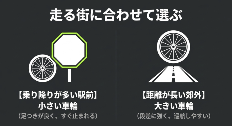 走る街に合わせて選ぶ。乗り降りが多い駅前は小さい車輪、距離が長い郊外は大きい車輪。