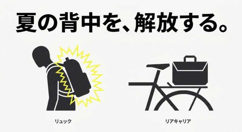 背中が蒸れて負担のかかるリュックサックと、快適に荷物を運べるリアキャリアの比較イラスト