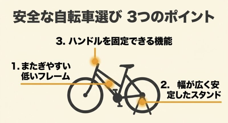 またぎやすい低いフレーム、幅が広く安定したスタンド、ハンドル固定機能という安全な自転車選びの3つのポイントを示すスライド