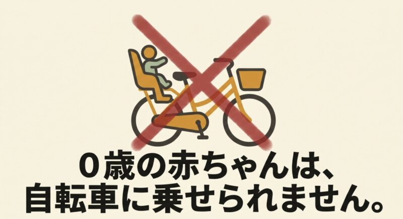 0歳の赤ちゃんは自転車に乗せられないことを伝えるスライド