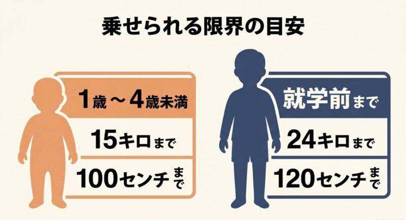 前乗せ(1歳から4歳未満・15kg・100cm)と後ろ乗せ(就学前まで・24kg・120cm)の限界目安