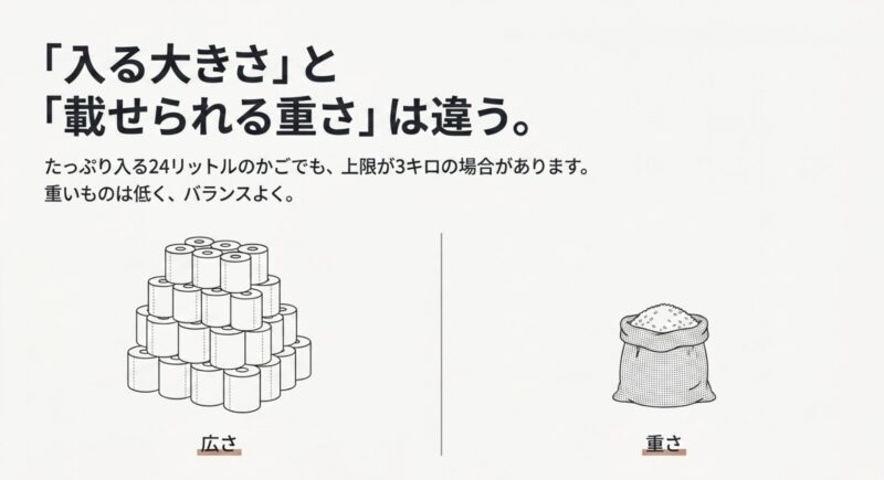 入る大きさと載せられる重さは違う。重いものは低くバランスよくと書かれたスライド