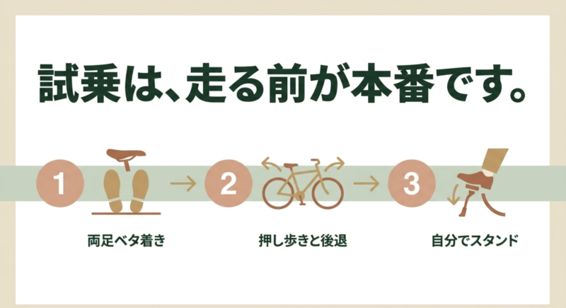 両足ベタ着き、押し歩きと後退、自分でスタンドを立てる、という試乗時の3つの確認事項