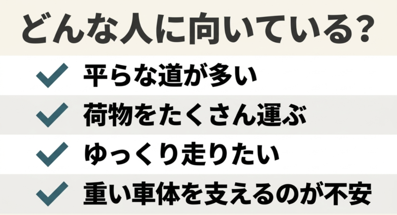 平坦な道での利用や重い車体が不安な人など三輪に向いているユーザー層の解説