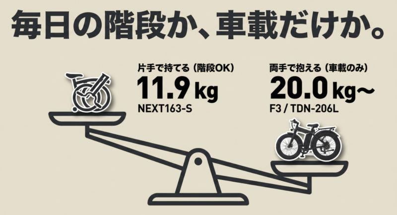 11.9kgの軽量モデルと20kg以上のモデルを天秤にかけ、持ち運び用途の違いを示すイラスト