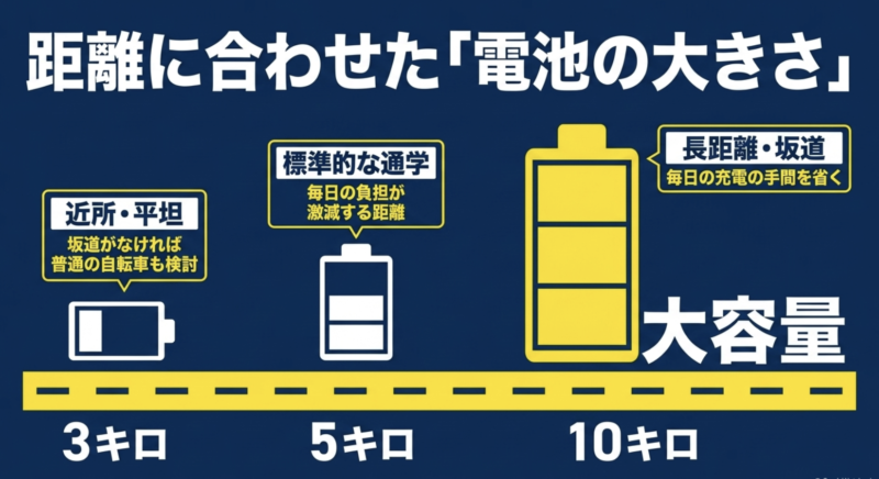 通学距離に合わせた電池の大きさの目安。3キロは近所や平坦な道、5キロは標準的な通学、10キロは長距離や坂道で大容量バッテリーを推奨。