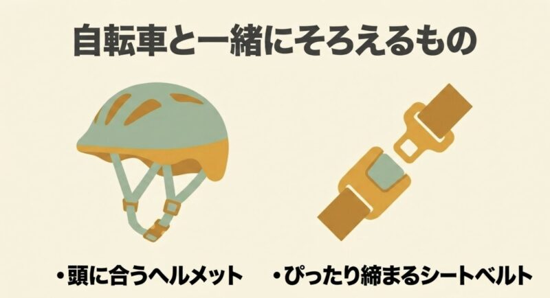 自転車と一緒に頭に合うヘルメットとぴったり締まるシートベルトをそろえるべきであることを伝えるスライド