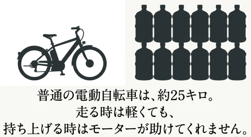 普通の電動自転車は約25キロあり持ち上げ時はモーターの補助がないことを示すイラスト