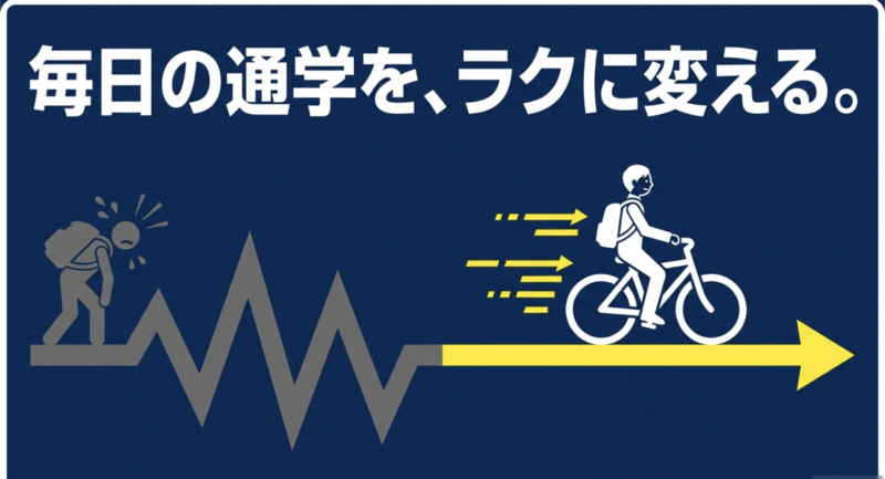 電動アシスト自転車に乗って通学する学生のイラスト。毎日の通学をラクに変える。