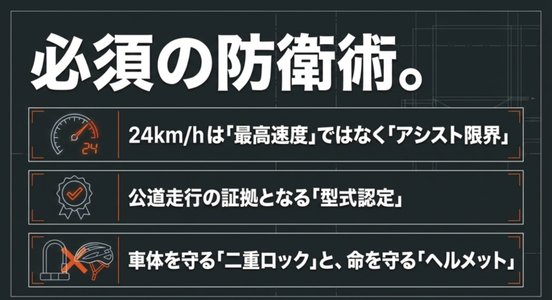 アシスト限界、型式認定、二重ロック、ヘルメット着用という電動アシスト自転車の必須防衛術をまとめた図