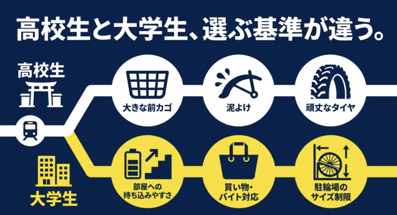 高校生と大学生で選ぶ基準が違うことを示す図解。高校生は大きな前カゴ、泥よけ、頑丈なタイヤ。大学生は部屋への持ち込みやすさ、買い物やアルバイト対応、駐輪場のサイズ制限が重要。