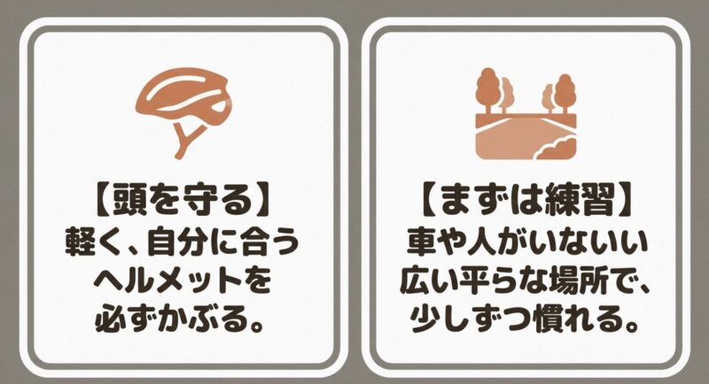 ヘルメット着用の重要性と安全な場所での練習の推奨