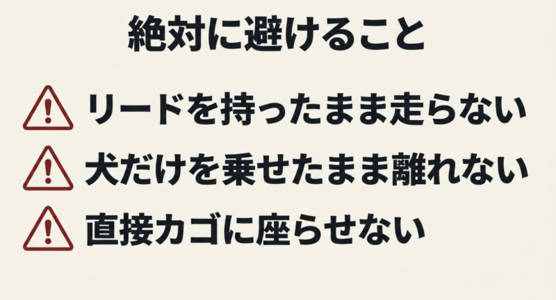 絶対に避けることとして、リードを持ったまま走らない、犬だけを乗せたまま離れない、直接カゴに座らせないと書かれた注意書き