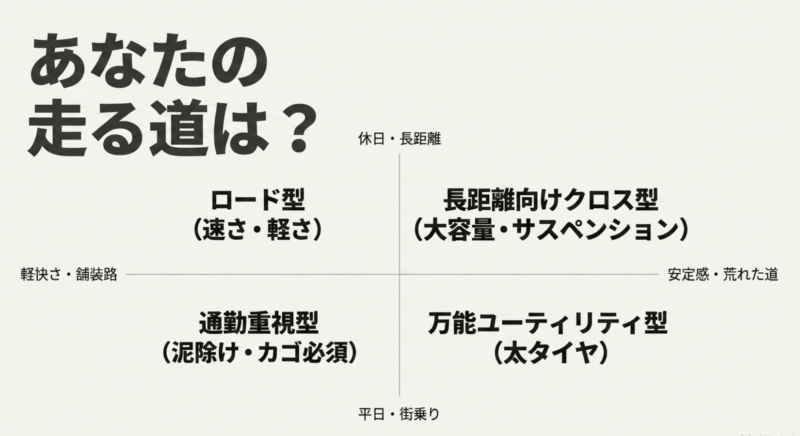 平日の街乗りか休日の長距離か、舗装路の軽快さか荒れた道の安定感かによって、ロード型、通勤重視型、クロス型、ユーティリティ型を分類したマトリックス図
