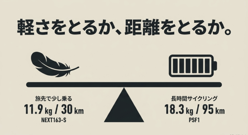 羽とバッテリーを天秤にかけ、用途による選び方の違いを示すイラスト