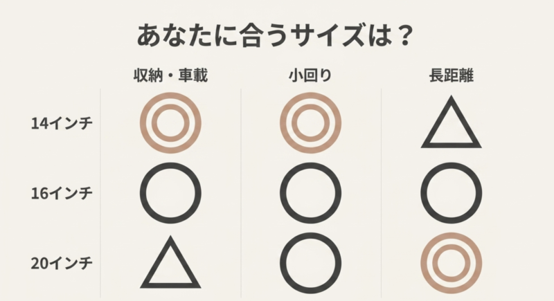 収納、車載、小回り、長距離の各項目で14インチ、16インチ、20インチのそれぞれの適正を比較した表