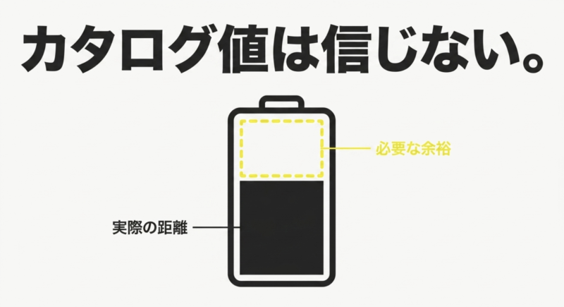 電動アシスト自転車の実際の走行距離はカタログ値より短くなるため余裕が必要であることを示すグラフ