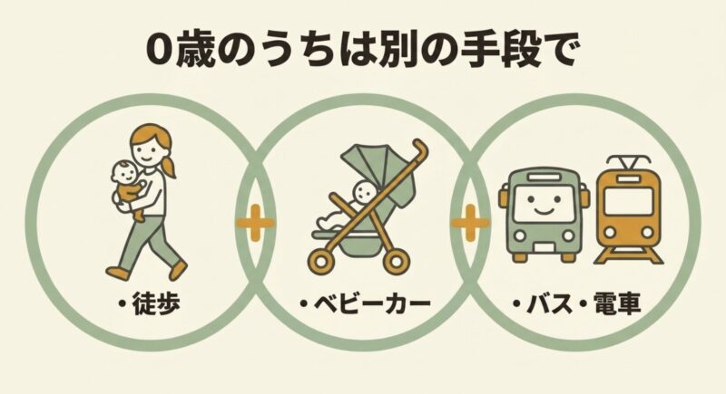 0歳のうちは徒歩やベビーカー、バス、電車など別の手段を使うことを促すスライド