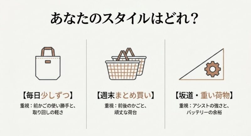 あなたのスタイルはどれ。毎日少しずつ、週末まとめ買い、坂道や重い荷物と書かれたスライド