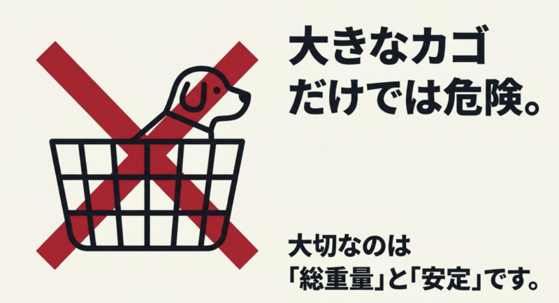 大きなカゴだけでは危険。大切なのは総重量と安定と書かれたバツ印のイラスト