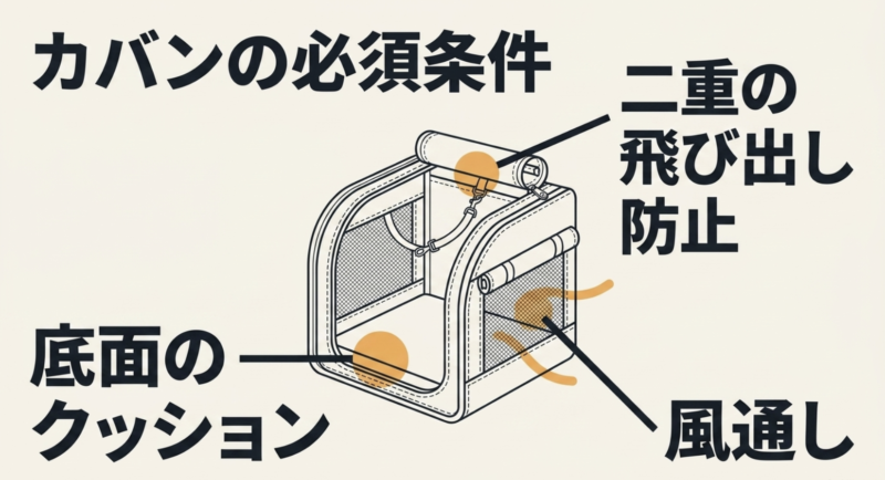 カバンの必須条件として二重の飛び出し防止、風通し、底面のクッションを図解したペットキャリーのイラスト