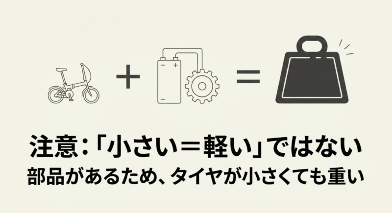 モーターやバッテリーなどの部品が加わるため、タイヤが小さくても重くなることを示す図解