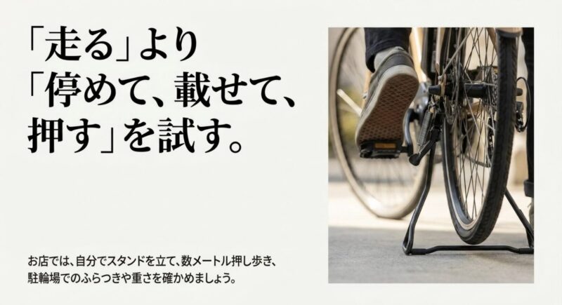 走るより停めて載せて押すを試す。自分でスタンドを立て押し歩きなどを確かめましょうと書かれたスライド