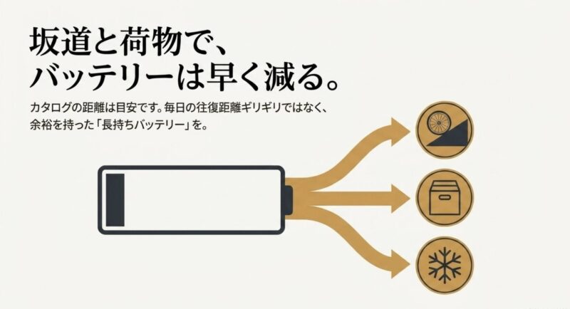 坂道と荷物でバッテリーは早く減る。往復距離ギリギリではなく余裕を持った長持ちバッテリーをと書かれたスライド
