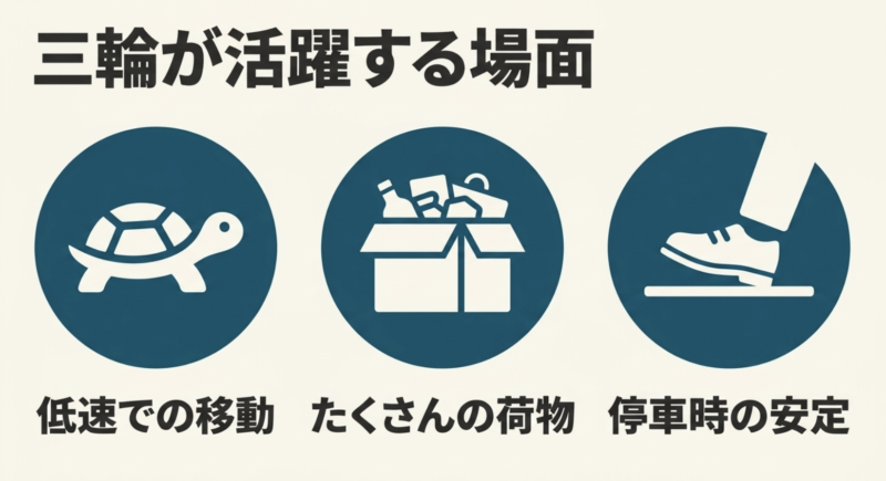 低速移動や荷物の運搬など三輪タイプの強みとなる使用場面