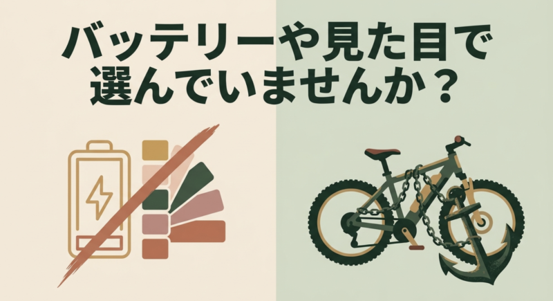 バッテリーやカラーパレットにバツ印がつけられ、見た目やバッテリーだけで選ばないことを示すイラスト