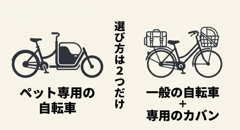 選び方はペット専用の自転車か一般の自転車に専用カバンを付けるかの2つだけと説明するイラスト
