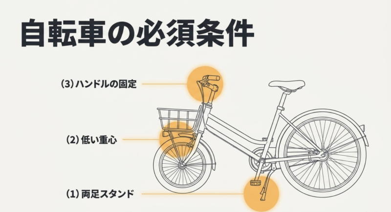 自転車の必須条件として両足スタンド、低い重心、ハンドルの固定を図解したイラスト