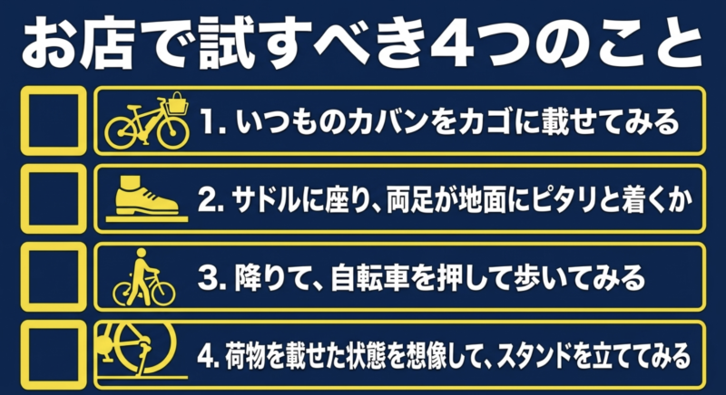 お店で試すべき4つのこと。1つ目はいつものカバンをカゴに載せてみる。2つ目はサドルに座り両足が地面にピタリと着くか。3つ目は降りて自転車を押して歩いてみる。4つ目は荷物を載せた状態を想像してスタンドを立ててみる。