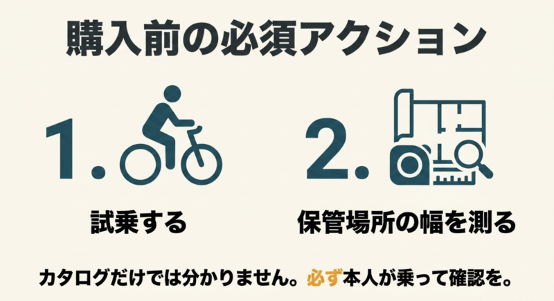 試乗による確認や保管場所の寸法計測など購入前にすべきこと