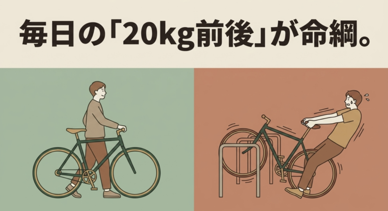 駐輪場で重い自転車を引っ張り出すのに苦労している男性のイラスト
