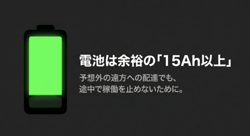 電池は余裕の15Ah以上。予想外の遠方への配達でも、途中で稼働を止めないために。