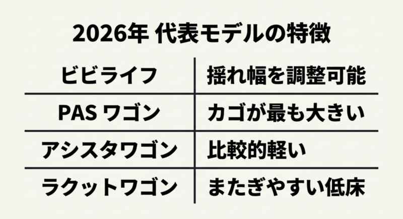 ビビライフやPASワゴンなど2026年の主要な三輪モデルの特徴を比較した一覧