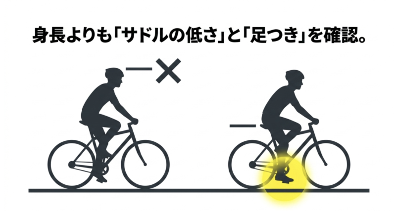 サイズ選びでは身長よりもサドルの低さと足つきを確認することが大切だと伝えるスライド