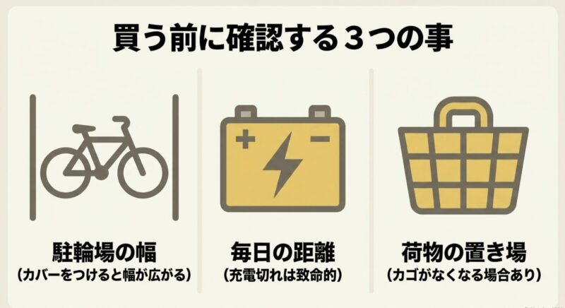 購入前に確認すべき、駐輪場の幅、毎日の走行距離とバッテリー、荷物の置き場の3つのポイント