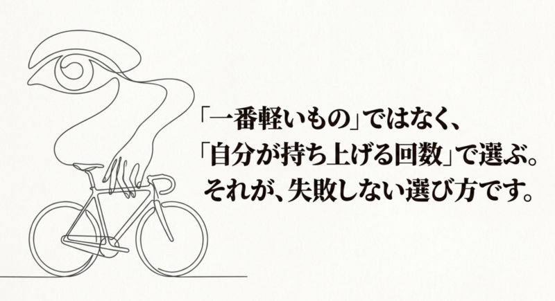一番軽いものではなく自分が持ち上げる回数で選ぶのが失敗しない選び方であることを示すメッセージ