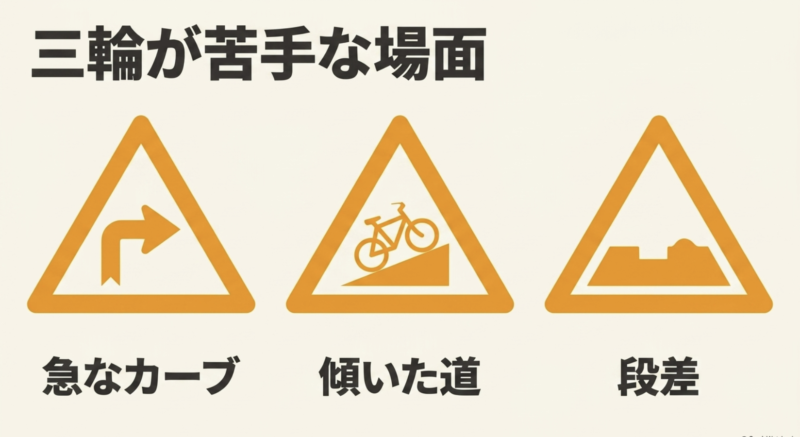 急なカーブや段差など三輪タイプで注意すべき走行環境