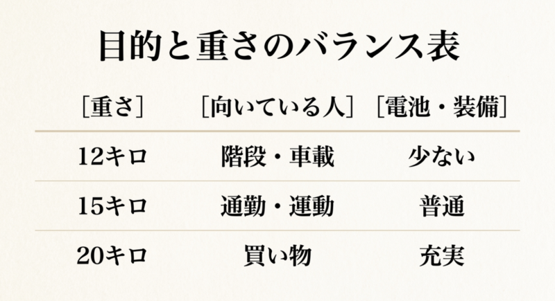 12キロ、15キロ、20キロごとの向いている用途と装備のバランスをまとめた表