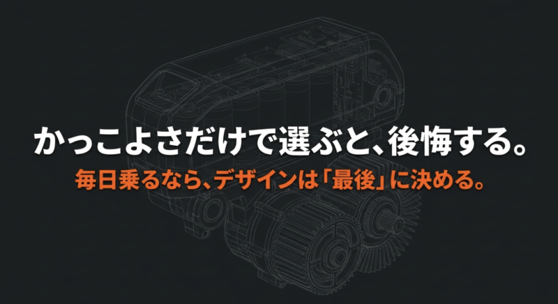 用途、駐輪、距離、修理、デザインの順に並んだ電動アシスト自転車選びの優先順位を示す図解