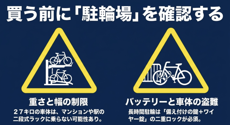 買う前に駐輪場を確認することを示す注意喚起のイラスト。二段式ラックの重さと幅の制限、および備え付けの鍵とワイヤー錠による二重ロックの重要性。
