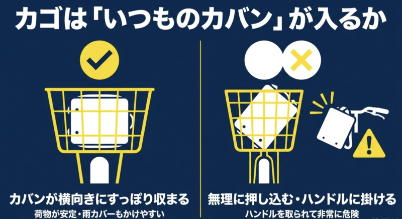 いつものカバンがカゴに横向きにすっぽり収まるかを確認するイラスト。無理に押し込んだりハンドルに掛けたりするのは危険。
