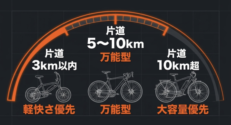 片道3キロ以内は軽快さ優先、片道5から10キロは万能型、片道10キロ超は大容量優先と書かれた距離別の選び方を示す図解