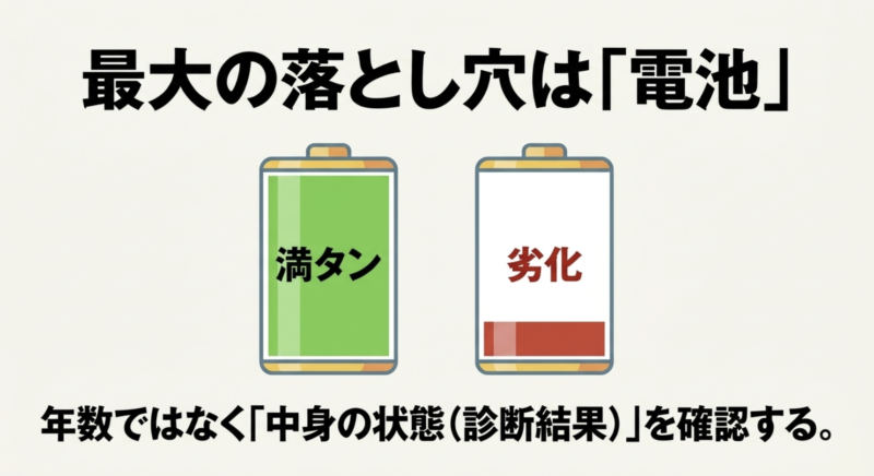 最大の落とし穴である電池について、劣化具合など年数ではなく中身の診断結果を確認するべきという説明。