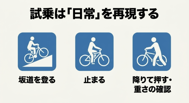 試乗は日常を再現するため、坂道を登る、止まる、降りて押すなど重さの確認を行うべきという説明。