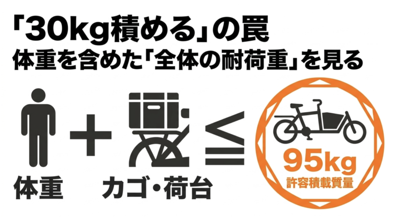 30kg積めるの罠。カゴや荷台だけでなく、乗る人の体重を含めた全体の許容積載質量(95kgなど)を見る必要があることを示す図解