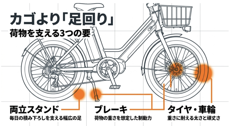 カゴより足回りが重要。荷物の積み下ろしや走行を支える両立スタンド、ブレーキ、タイヤ・車輪の3つの要を示す図解